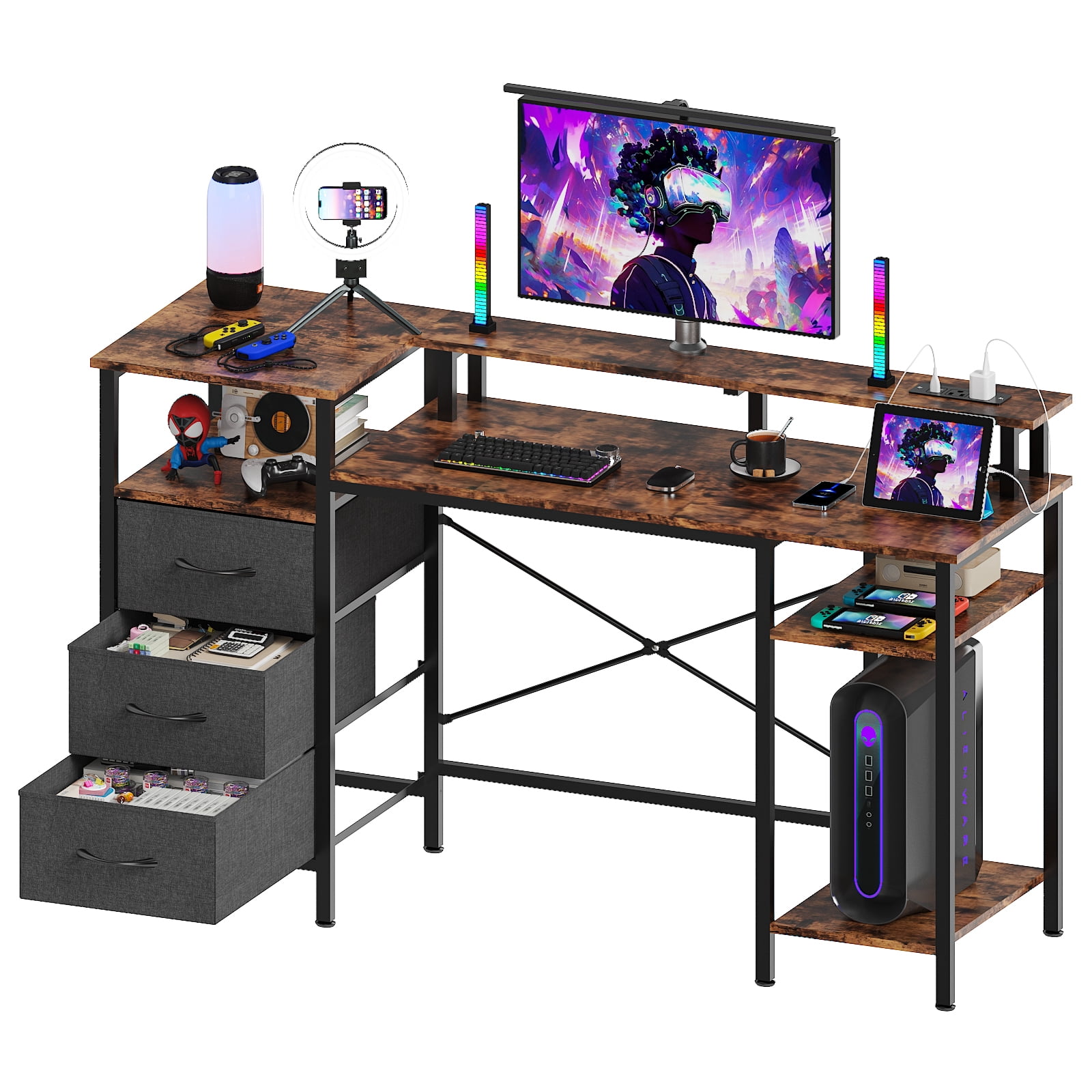 Ktaxon L-Shape Computer Desk with Charging Station 47 Inch Gaming Desk Concer PC Laptop Table with Drawers & Storage Shelves Workstation, Brown