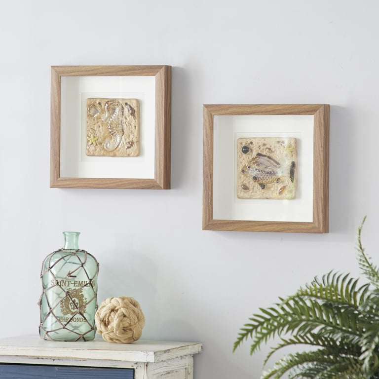 Decmode Coastal Style Seahorse & Fish Fossil Shadow Box Wall Décor in  Square Wood Frames, Set of 2: 12” x 12” 