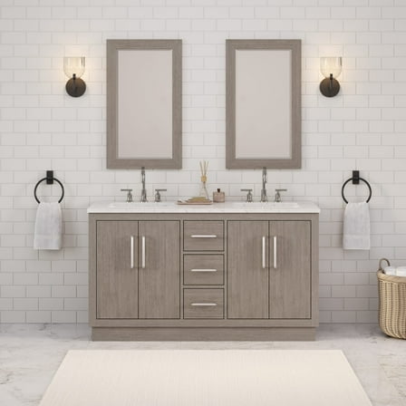 Water Creation 60"W Wood Double Bathroom Vanity in Gray Oak & Chrome