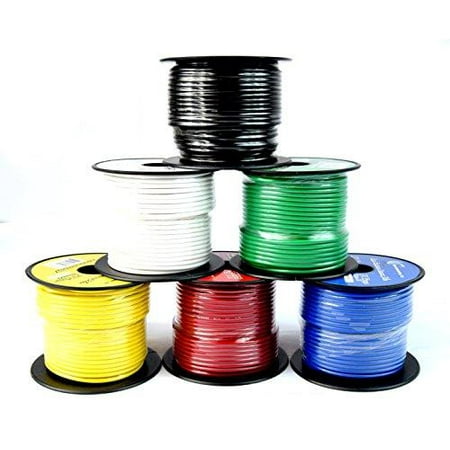 - 14 ga single conductor stranded remote wire 6 rolls primary colors 12v 100'ft ea