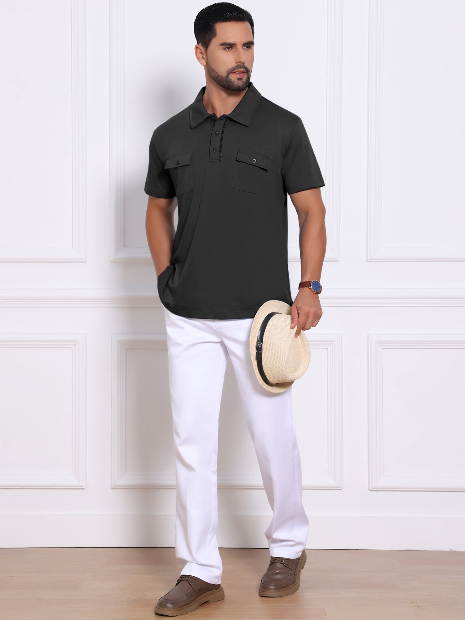 DARING DIVA Men's Collared Short Sleeve Double Chest Pockets Polo Shirt M Black