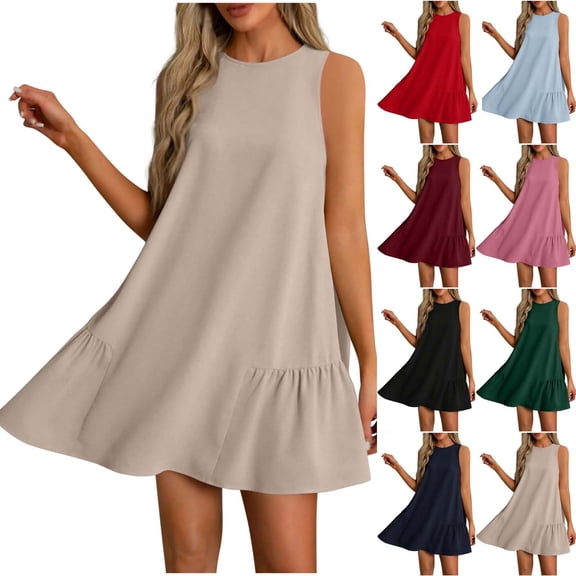 Lovzfmll Shift Dress for Women, Solid Color Crew Neck Sleeveless with Back Button & Ruffle Hem, Casual Mini Dress Khaki, S