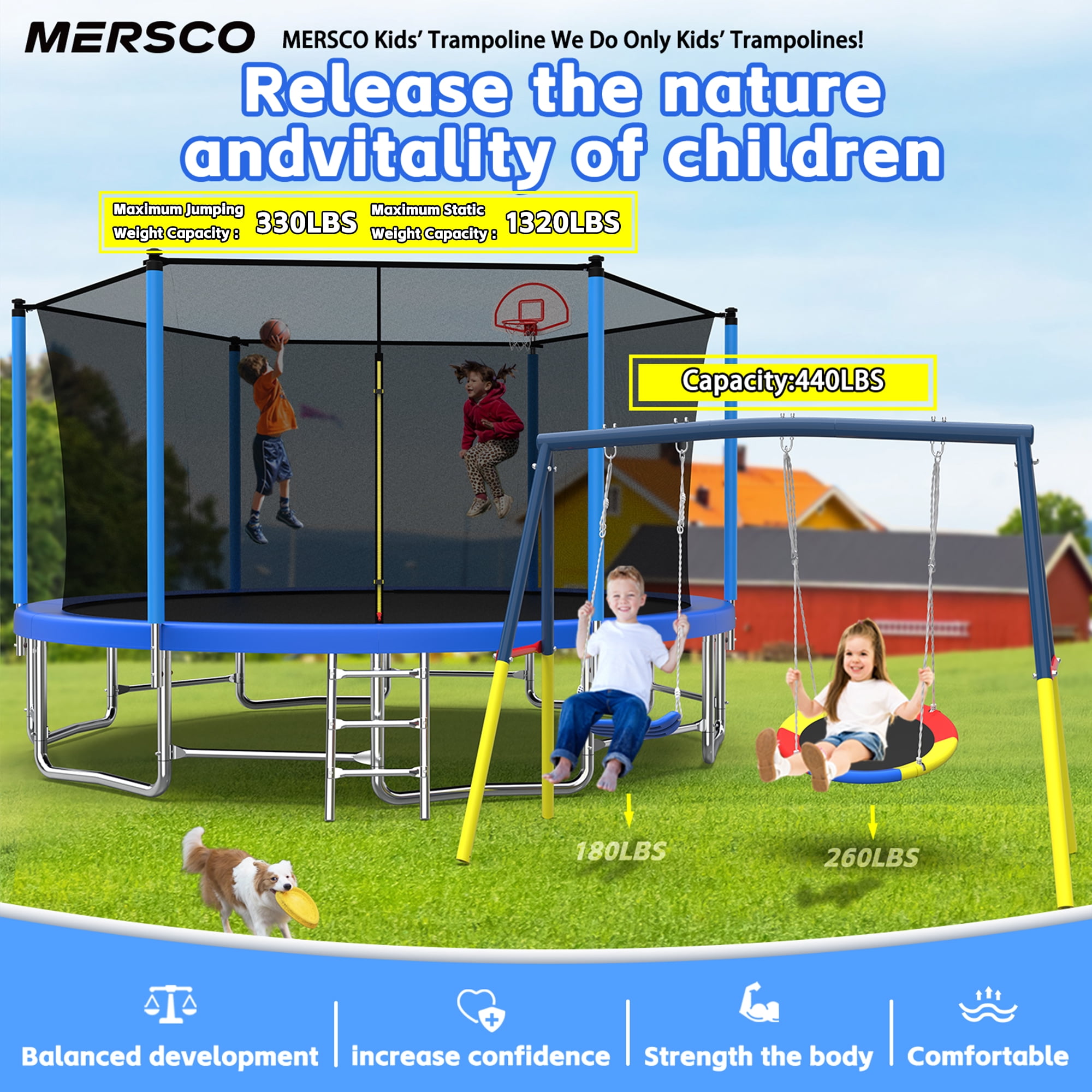 Mersco 15FT Heavy Duty Trampoline with Enclosure Net ,Swing Set Outdoor Big Trampoline for Backyard,Kids Trampoline with Basketball Hoop,Birthday and Holiday Gifts for Kids Jumping Trampoline,Blue