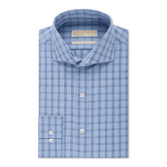 Michael Kors Men's Long Sleeve Non-Iron Plaid Dress Shirt, Azure, 15/34-35