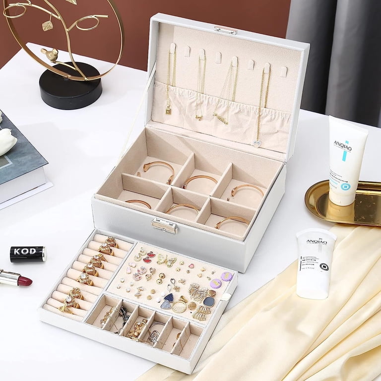 Wattne Lockable Jewelry Box, White Faux Leather with Velvet photo 5