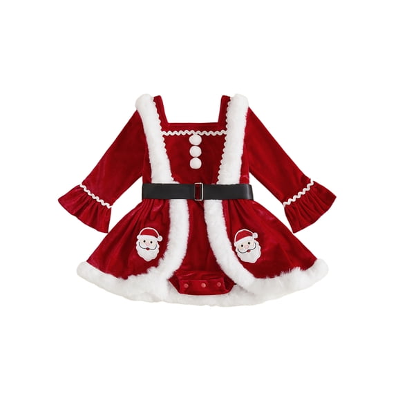 Cjfdfy Newborn Baby Girl Christmas Outfit Romper Dress Velvet Long Sleeve Square Neck Jumpsuit Gingerbread Man Santa Costume Christmas Princess Dress Cute Winter Clothes