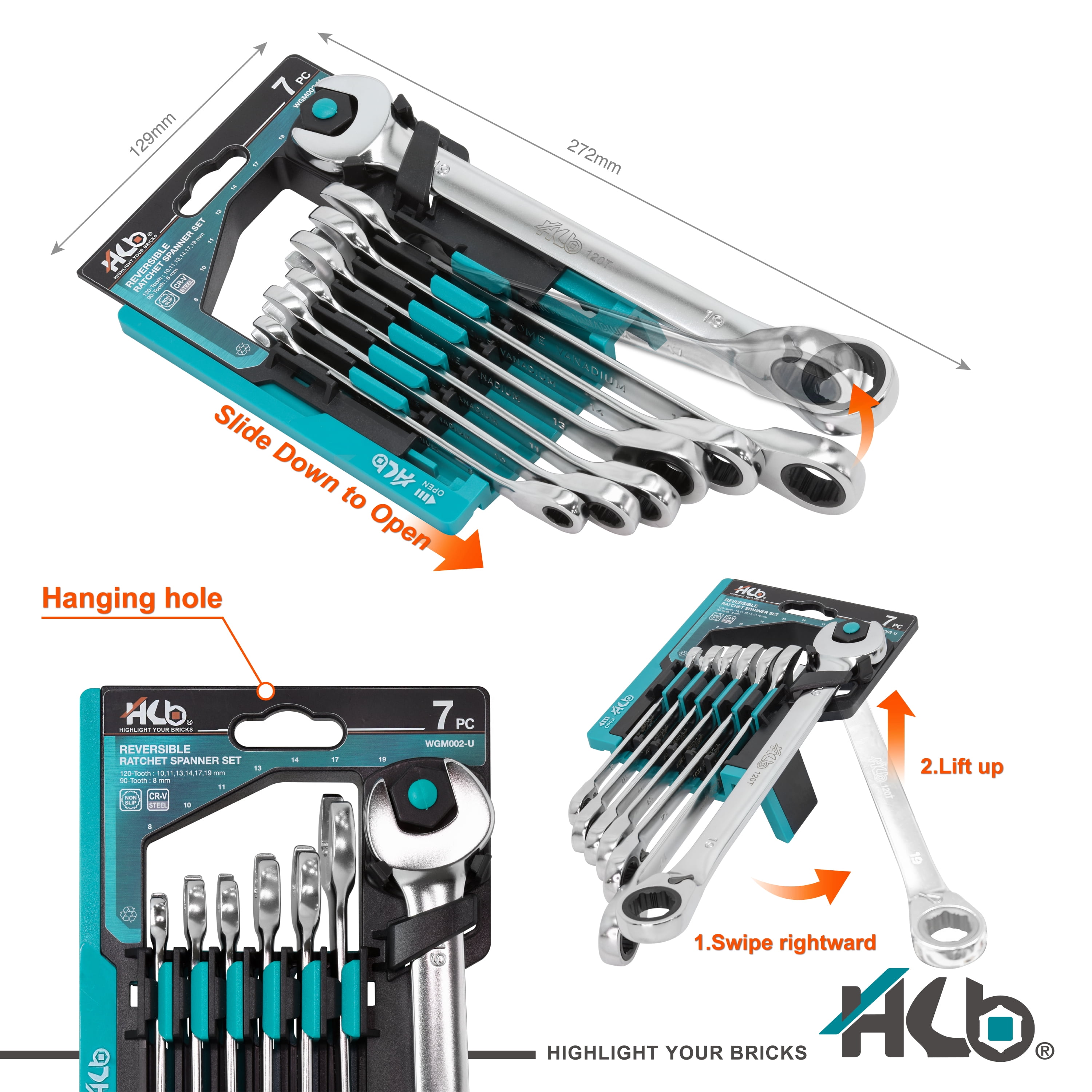 HB 7-Piece Ratchet Wrench Set WGM002-U | 90T & 120T Non-Slip Reversible Metric Wrenches 8–19mm | Patented Grip Plus Rounded Bolt Remover | Chrome Vanadium Steel Storage Rack Made in Taiwan