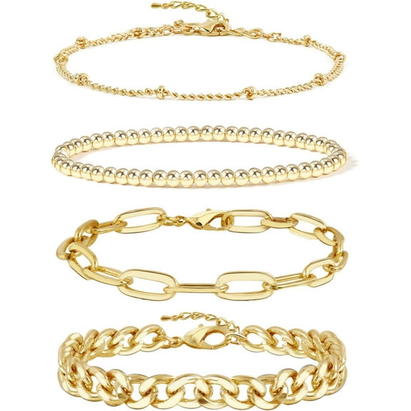 Gold Bracelets for Women Girls 14K Gold Plated Dainty Link Paperclip Choker Bracelet Stack Gold Small Ball Beads Bracelets Adjustable Layered Metal Link Bracelet Style-2
