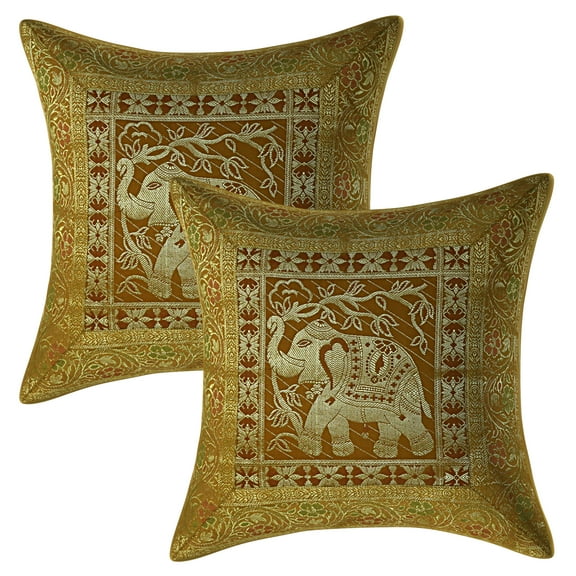 Stylo Culture Ethnic Settee Sofa Throw Pillow Covers 16x16 Jacquard Gold Square 40cm x 40cm Home Decor Brocade Elephant Floral Zippered Cushion Covers | Set Of 2