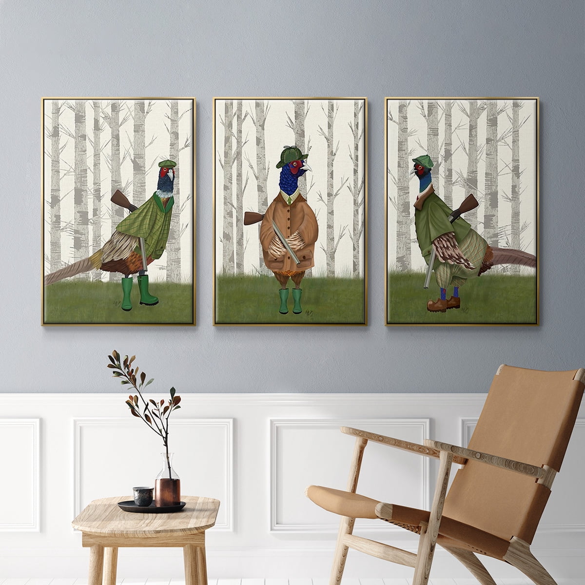 Pheasant Shooting Party 1 - Framed Premium Gallery Wrapped Canvas L Frame 3 Piece Set - Ready to Hang