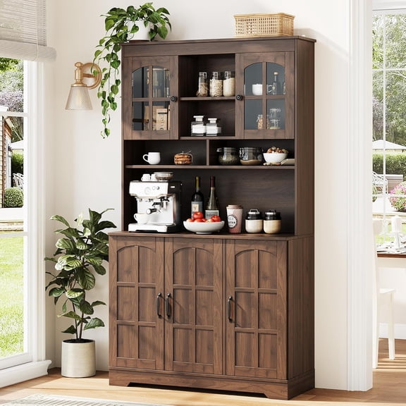 Pantry Cabinet with Charging Station, Tall Kitchen Pantry Storage Cabinet with Hutch,70.9 Inch Kitchen Cabinet with Glass Doors, for Dining Room
