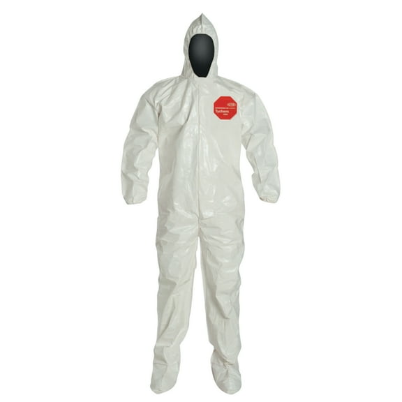 DuPont Tychem SL Coveralls attacheD/Socks, 2XL, Hood/Boots, Elastic Wrists, Zip