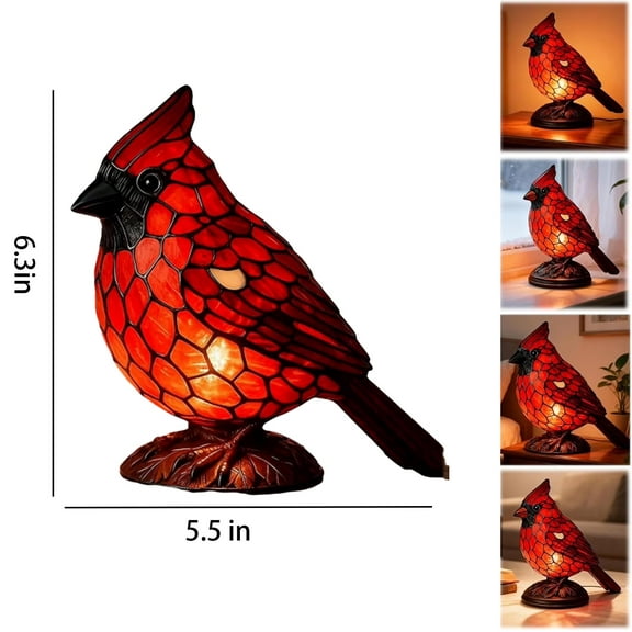 Handmade Stained Glass Red Bird Night Light, Creative Animal Desk Lamp for Bedroom, Study, Nursery Decor