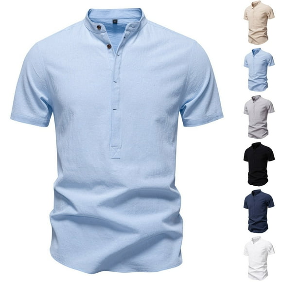 Txeol Limited Time Deal Men's Cotton Linen Short Sleeve Henley Shirts Lightweight Stretch Band Collar Button Down Beach Vacation Workout Top,White,M