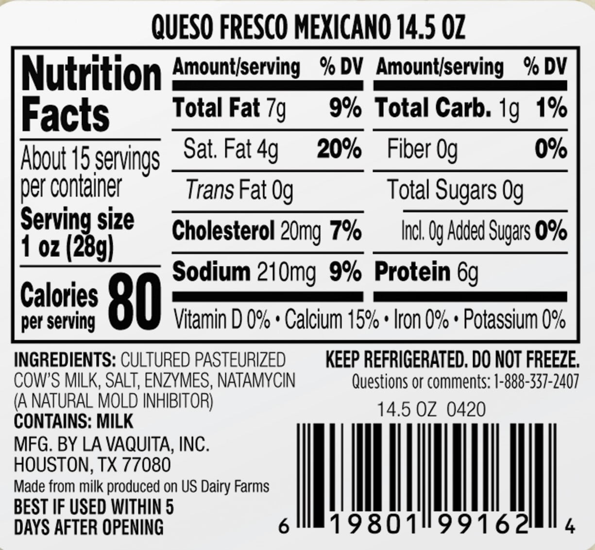 La Vaquita Queso Fresco Mexicano (Fresh Cheese), 14.5 oz Wrapped Chunk