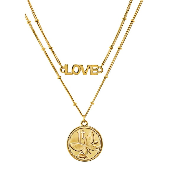UPM Global 15811 Gold Layered Butterfly Coin Goldtone Double Strand Love Necklace