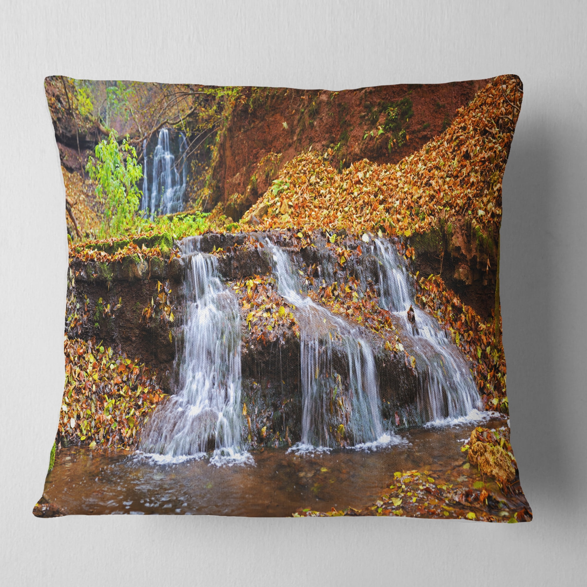 Designart Dniester Canyon Spring Waterfalls - Landscape Photography Throw Pillow - 18x18