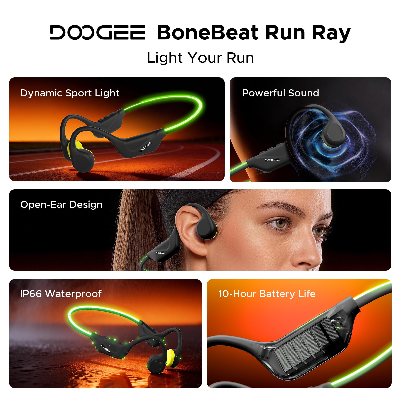DOOGEE Bone Conduction Headphones, Running Headphones, Open-Ear Headphones, Sports with Safety LED Light, IP66 Waterproof, Bluetooth 6.0, 10H Playtime & Adjustable Band for Night Running