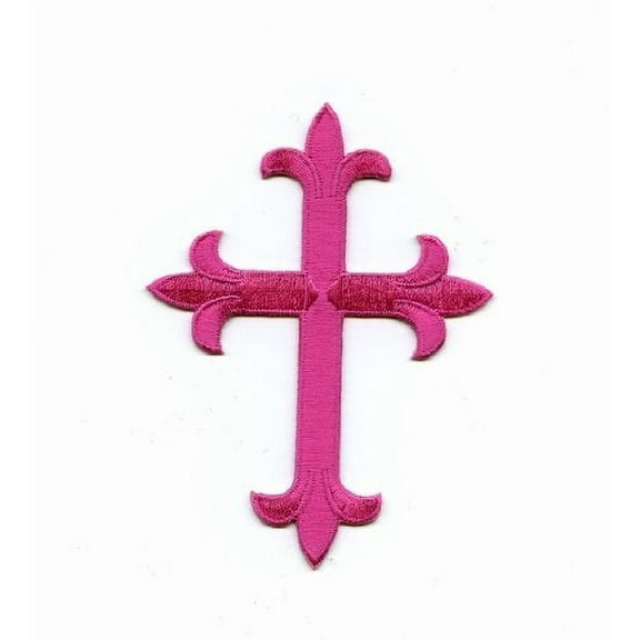 4" Fuchsia/Hot Pink Cross - Fleur De Lis - Religious - Iron On Applique/Embroidered Patch