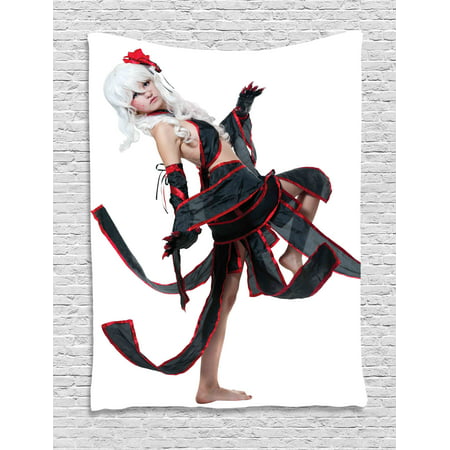 Anime Tapestry, Posing Warrior Girl in Manga Style Japanese Culture Themed Illustration Art, Wall Hanging for Bedroom Living Room Dorm Decor, 40W X 60L Inches, Red White and Black, by