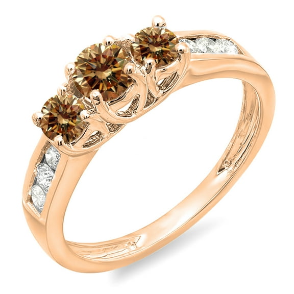 0.90 Carat (ctw) 10K Rose Gold Round Cut Champagne & White Diamond Ladies 3 Stone Engagement Bridal Ring