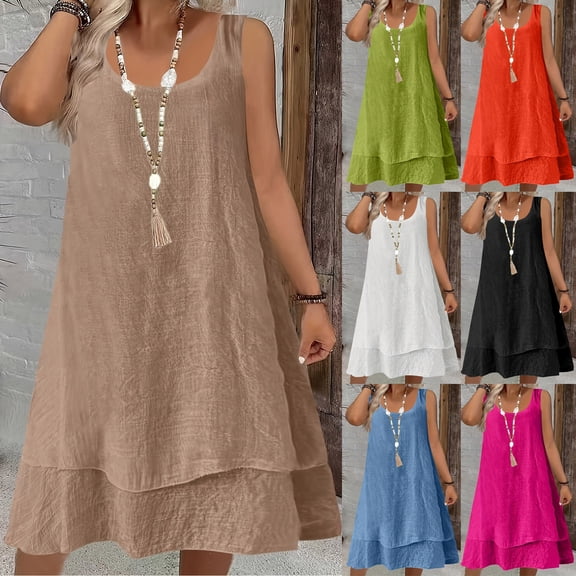 YHAJDS Womens Sleeveless Dress Solid Color Casual Summer Fashion Short Dress