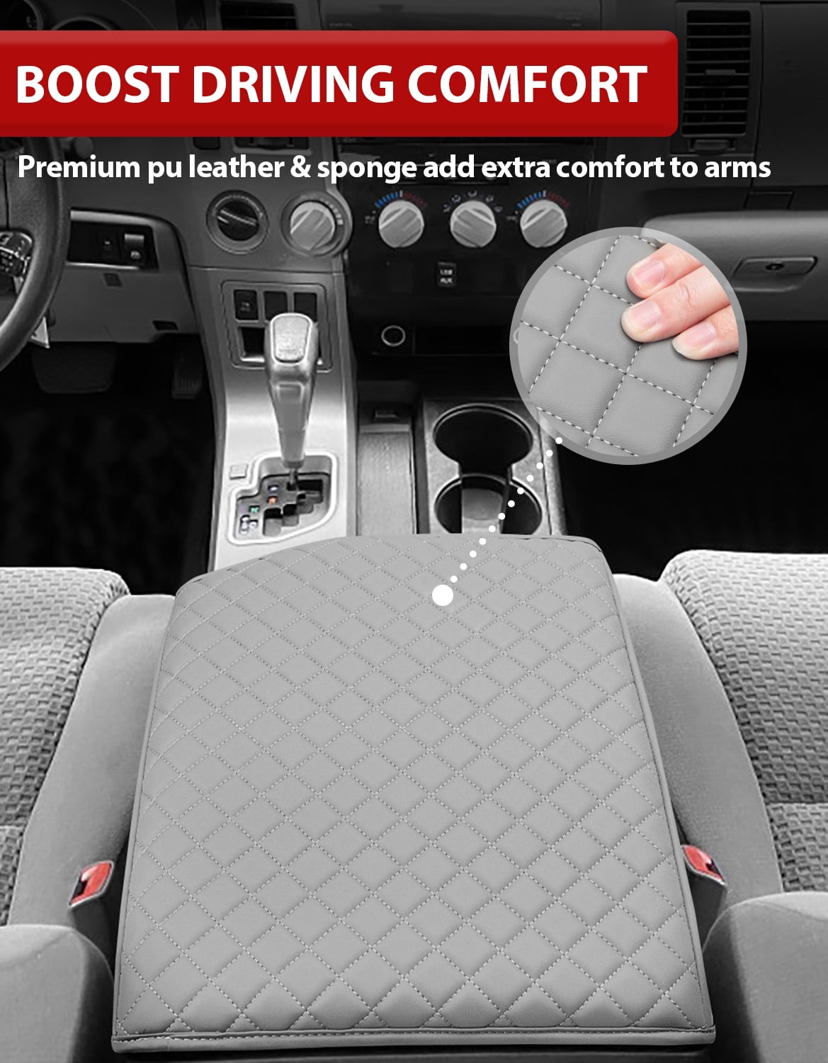 KBH Center Console Cover for 2007-2013 Toyota Tundra & 2008-2022 Sequoia, Middle Console Armrest Cushion Pad for Truck Interior Accessories, Gray