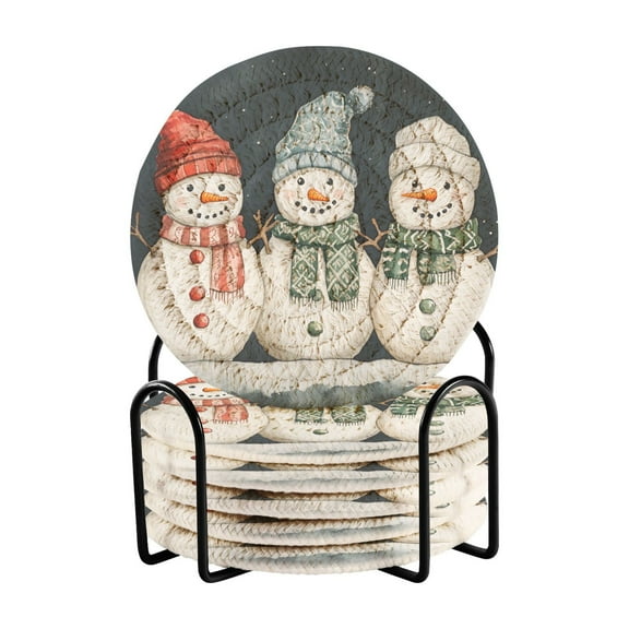 Yayeee 6 PCS Drink Coasters with Holder Set Woven Absorbent Round Tabletop Hot Pad, Green Snowmen