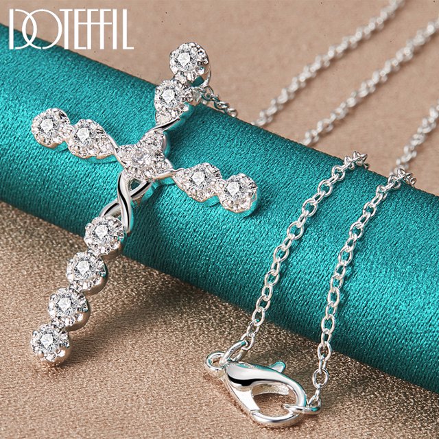 Aoxiang-collar cruzado de Plata de Ley 925 con circonita AAA blanca, cadena de 18-30 pulgadas para mujer, joyería con dijes de boda a la moda