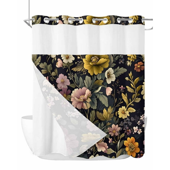 No Hook Cloth Fabric Shower Curtain with Snap in Liner, Botanicals Floral Waterproof Shower Curtains Set with See Through Top Window, Garden Seasonal Botanical Blooms Bath Curtains Shower 72"x72"