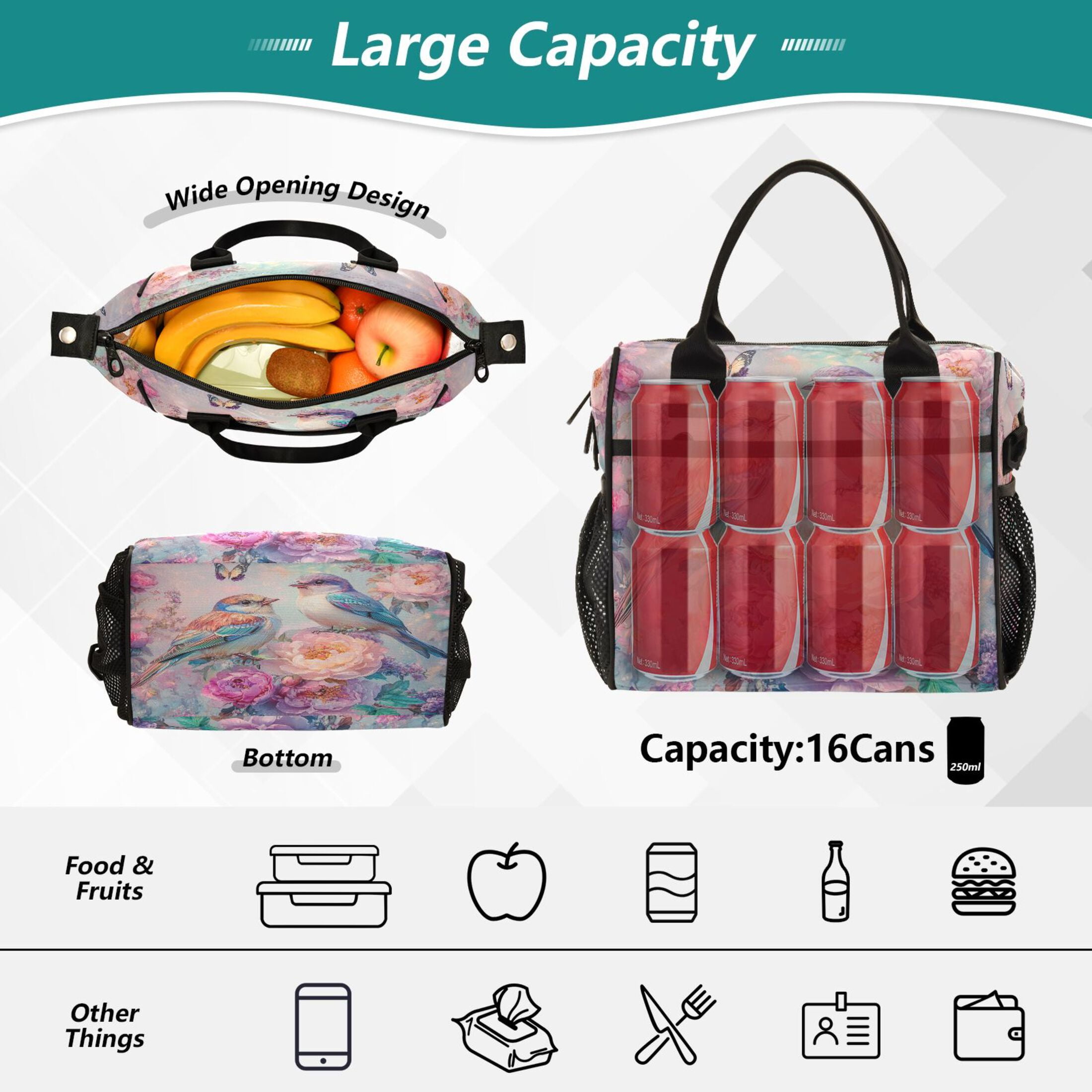 YAZAOO Lunch Bag Creative Butterflies Colorful Birds Flowers Cooler bag with Shoulder Strap
