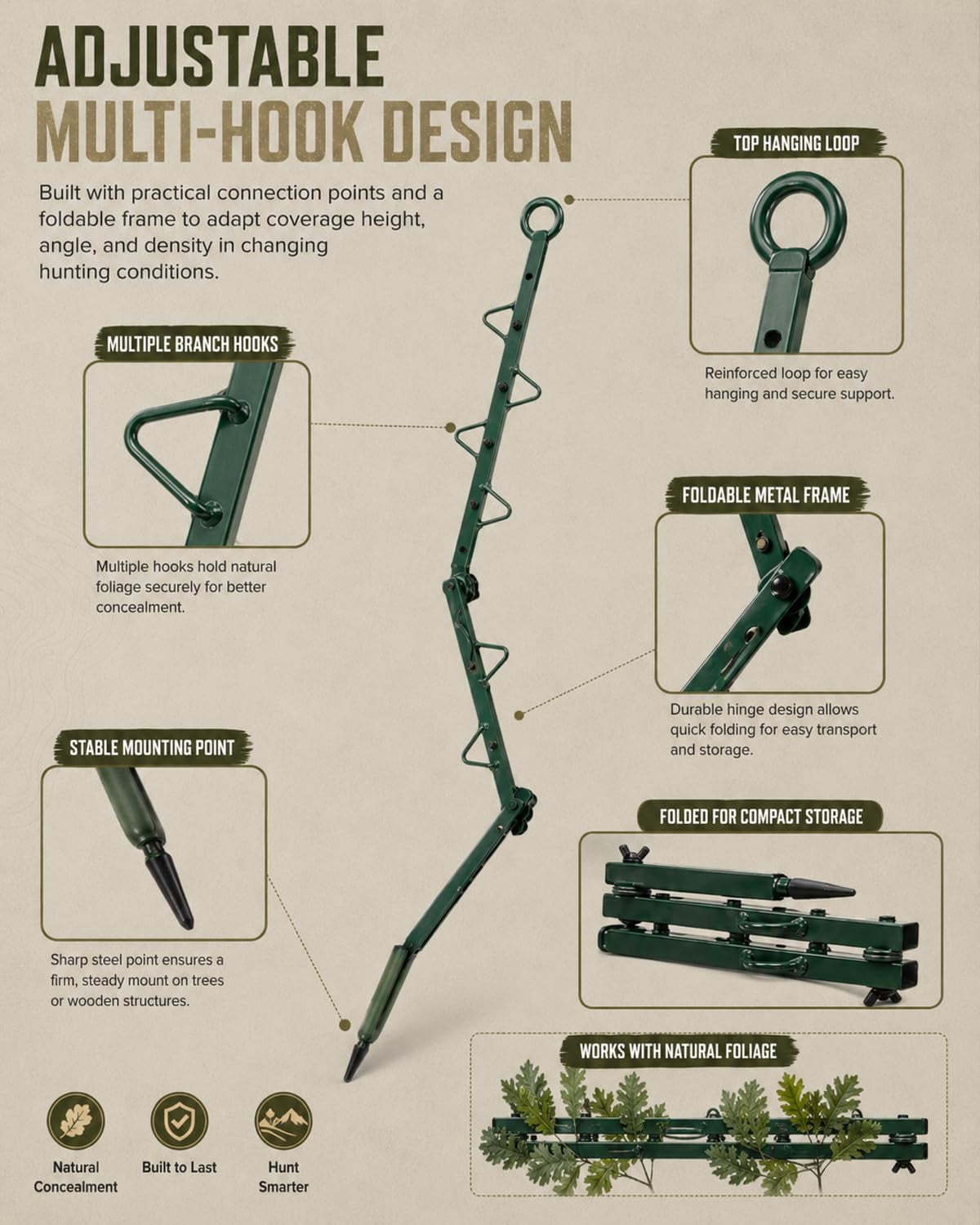Hunting Concealment Branch Stand, Camouflage Branch Screening Holder with Realistic Oak Leaf Foliage, Tree Stand Blind Cover Camo Screen, Fast Setup Ground Tree Mount for Deer Turkey Hunting
