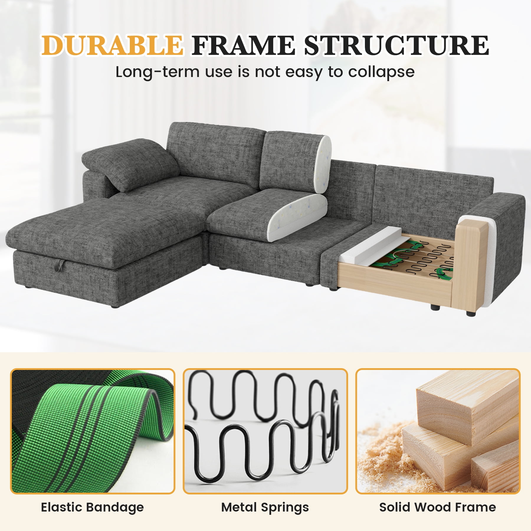 MOONMISS 118" Oversized Modular Sectional Sofa, L Shaped 3 Seaters with Storage Ottoman Cloud Couch Sofa Set, Modern Convertible Chenille Deep Seat Sectional Couches for Living Room,Gray
