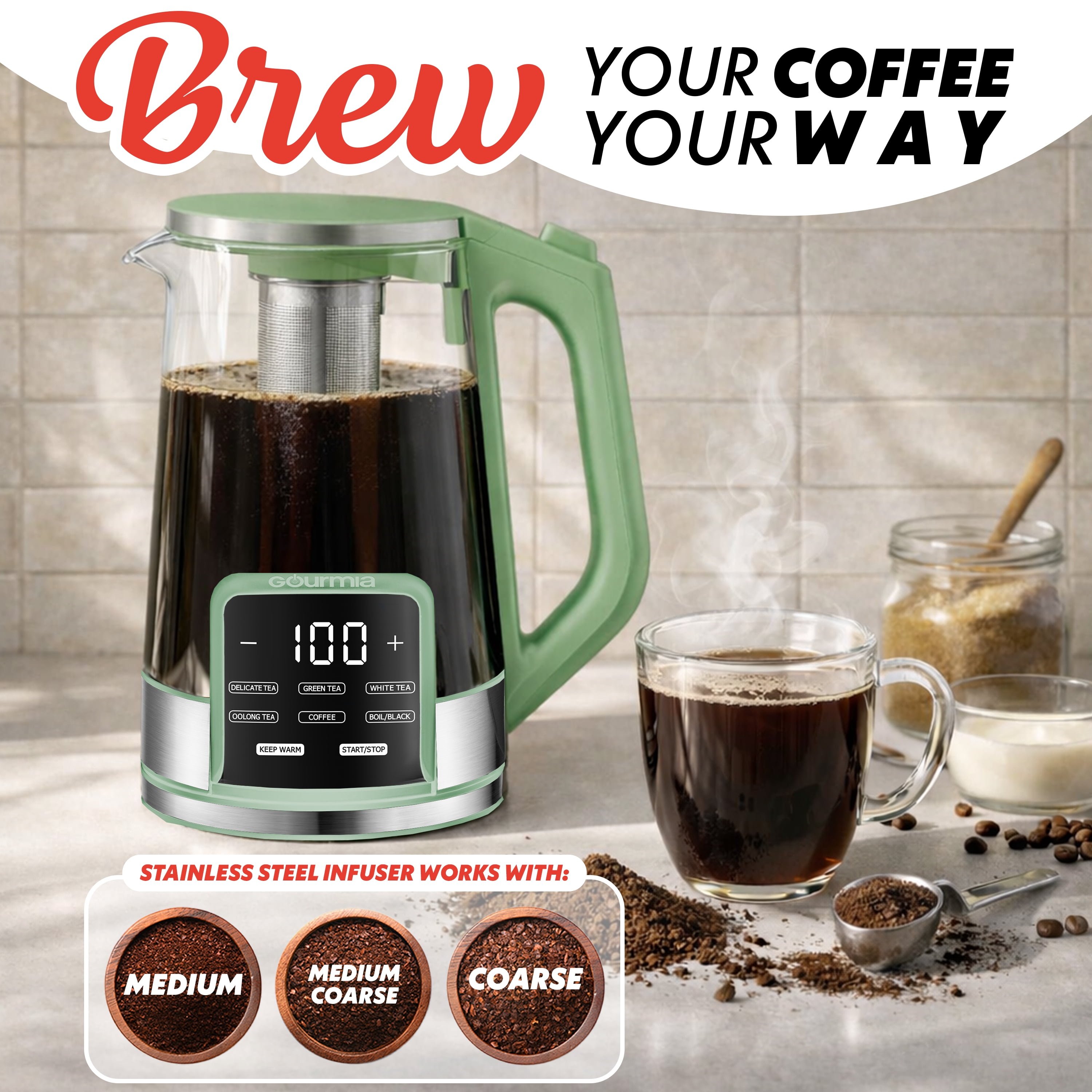 Gourmia Electric Kettle 1.7L with 6 Presets, Digital Display, and Tea Infuser, Green
