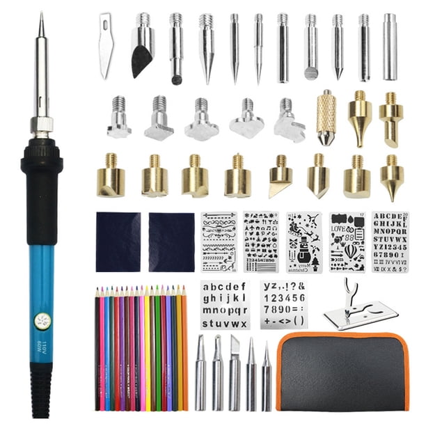 "Kit profesional de pirograbado con 62 piezas: herramienta eléctrica de soldadura interna, temperatura ajustable y puntas intercambiables para madera y más. Incluye funda protectora y calentamiento