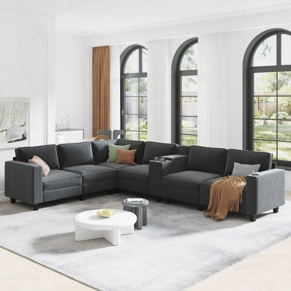 Modern L-shaped 6-seater Corduroy Sofa 133.4''*94.4'' with Large Storage Armrests and USB Charging