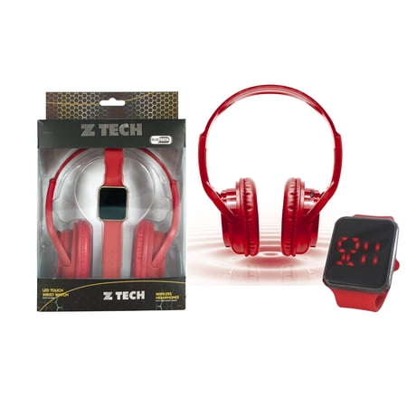 Zummy Wireless Over-Ear Bluetooth Headphones and LED Touch Watch - Red
