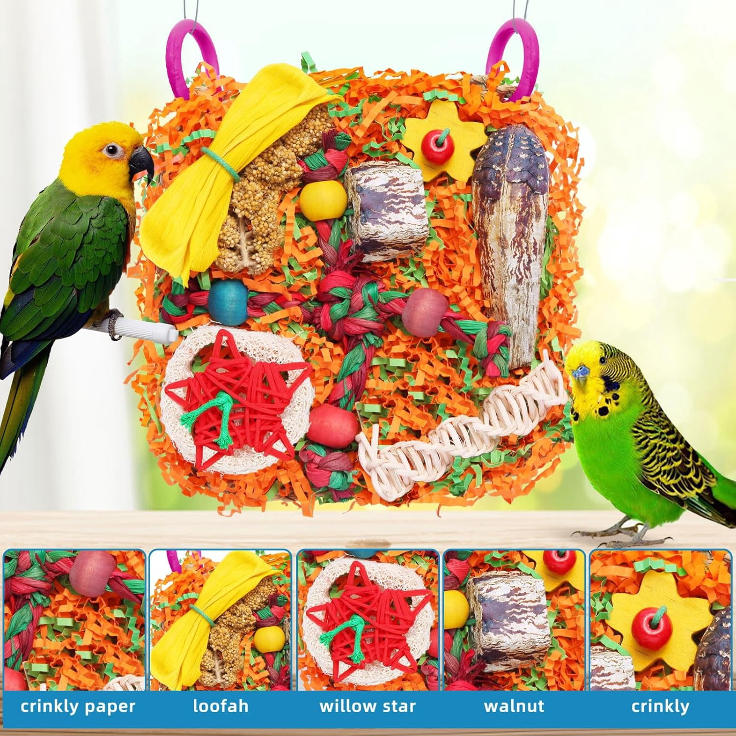 Bird Toys for Parrots - Natural Foraging & Shredding Cage Hanging Toys with Seagrass Mat, Starfruit, Loofah Slices