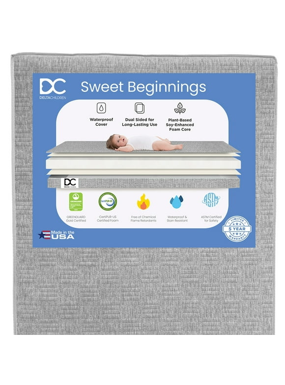 Delta Children Sweet Beginnings Mattress for Toddler Bed, Baby Crib or Baby Bed, Dual-Sided Nap Mat and Crib Mattress with Waterproof Cover, GREENGUARD Gold and CertiPUR-US Certified, 5-Year Warranty
