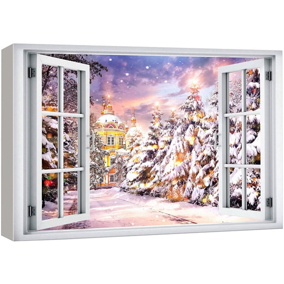 wall26 Canvas Print Wall Art Window View Snowy European Winter Wonderland Celebrations & Holidays Nature Photography Realism Landscape Colorful Multicolor for Living Room, Bedroom, Office - 24&qu