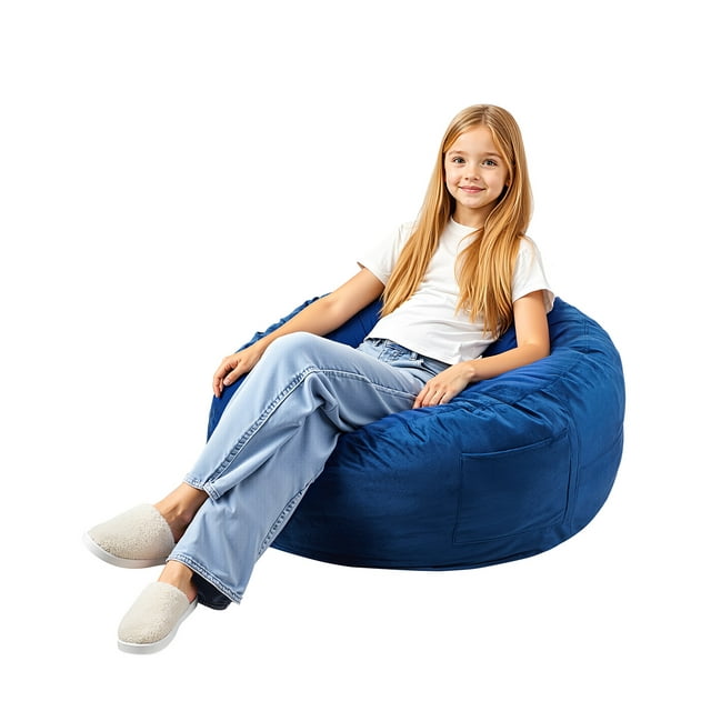 Sillón Puff VEVOR, redondo de 90 cm con funda extraíble y lavable, relleno de espuma viscoelástica 25D y terciopelo holandes suave, ideal para dormitorio o sala de juegos, color azul.