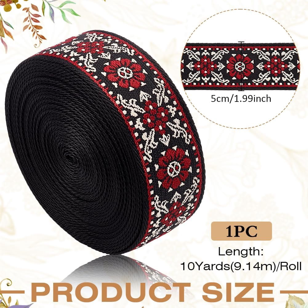 10Yards Vintage Jacquard Webbing Trim 2inch Embroidered Ribbon Boho Lace Trim Ethnic Floral Embroidery Webbing for DIY Clothing Accessories Sewing Crafting Home Decor