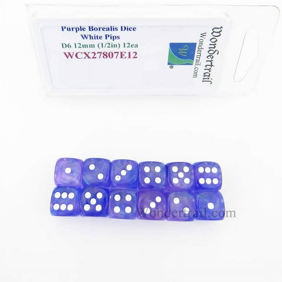 Purple Borealis Dice with White Pips 12mm (1/2in) D6 Set of 12 Wondertrail