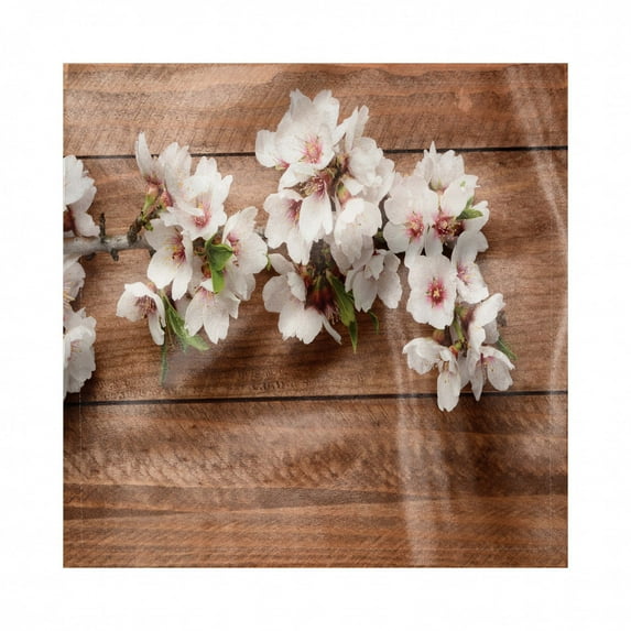 Almond Blossom Decorative Napkins Set of 4, Wooden Background with Flower Bloom Spring Nature Corsage Rustic, Silky Satin Fabric for Brunch Dinner Party, 12", Green White and Brown, by Ambesonne
