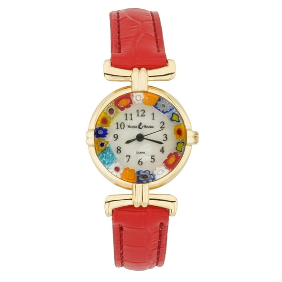 GlassOfVenice Murano Glass Millefiori Watch with Leather Band - Red Multicolor