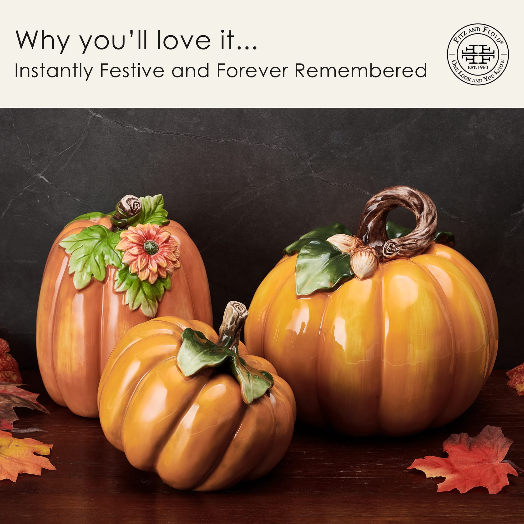 Fitz and Floyd Harvest Pumpkin Orange Earthenware Decorative Figurine (Set of 3)