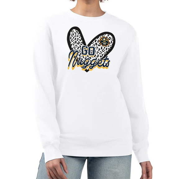 Women's G-III 4Her by Carl Banks White Denver Nuggets Leopard Heart Fleece Pullover Sweatshirt
