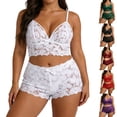 thumbnail image 2 of Yuanlook Women Plus Size Lace Loungewear Set, Spaghetti Strap V Neck Cami Crop Top & High Waist Shorts Bow Decor Daily Sleep Outfit S-XXXXL, 2 of 7