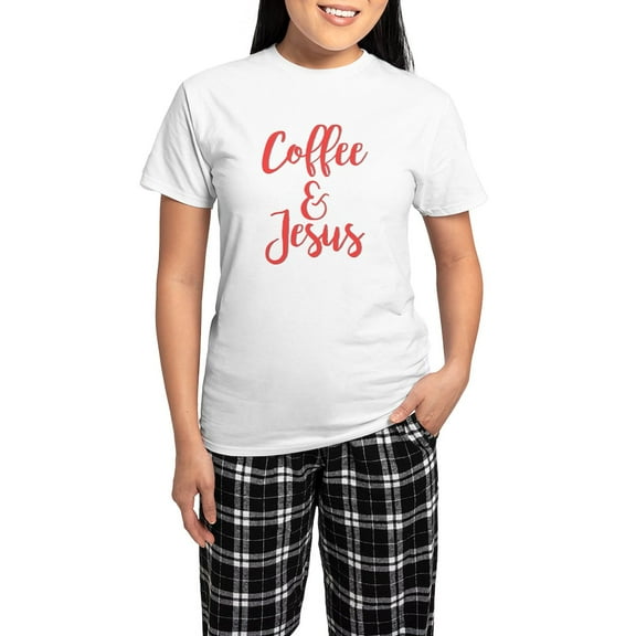 CafePress - Coffee And Jesus Women's Light Pajamas - Women's Short Sleeve Print T-Shirt and Pants Light Cotton Pajama Set