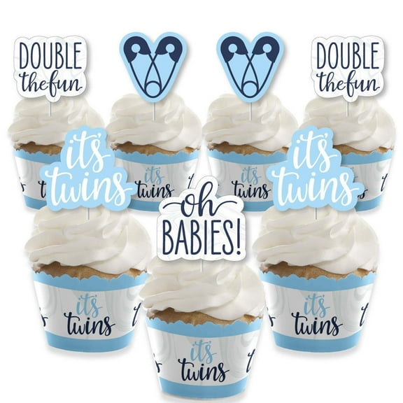Big Dot of Happiness It's Twin Boys - Cupcake Decoration - Blue Twins Baby Shower Cupcake Wrappers and Treat Picks Kit - Set of 24